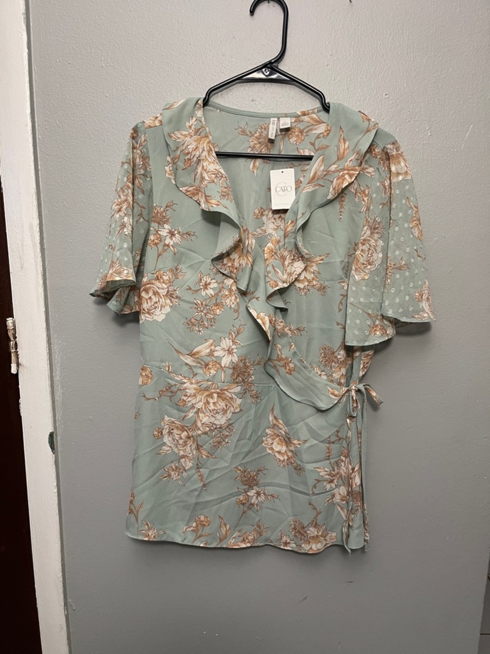 Cato Sage Green Floral Ruffle Wrap Blouse